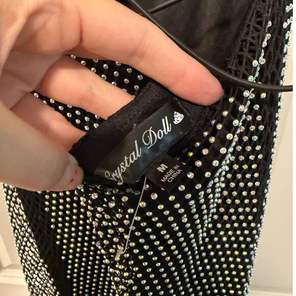 Crystal Doll M Vintage 90's Fishnet RHINESTONE Strappy Gown Bodycon Dress Black - Picture 8 of 10